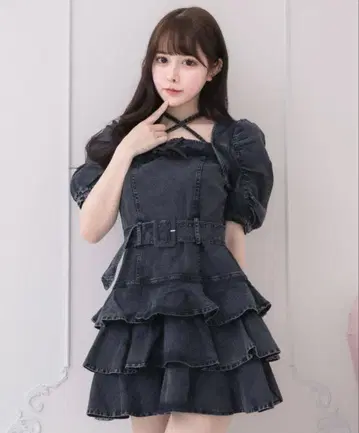 pium 데님 티어드 미니 원피스 반팔