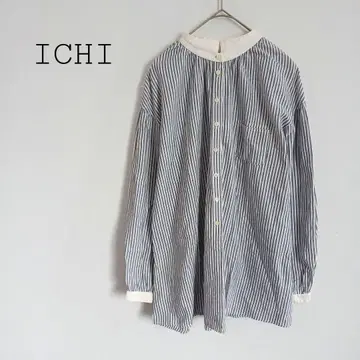 이치 ichi 스트라이프 패턴 밴드 카라 클레릭 셔츠 일본제 오가닉 면
