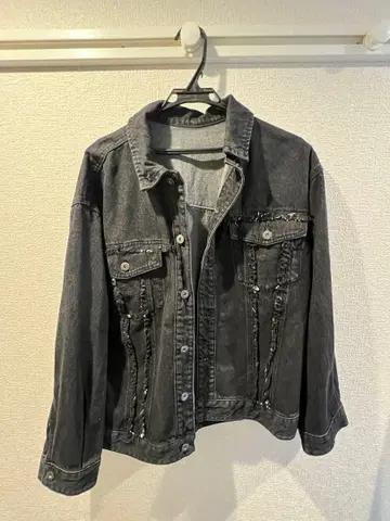 블랙 데님 자켓 프린지 가공