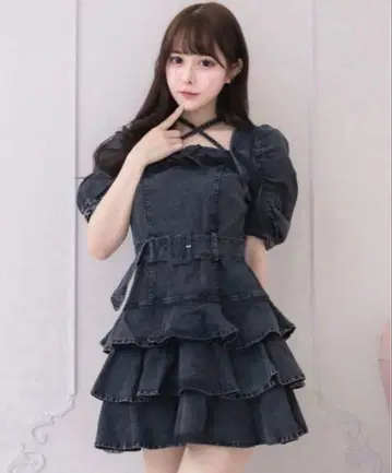 pium 티어드 프릴 미니 원피스 데님