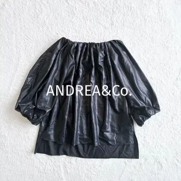 ANDREA&Co. 2way 블랙 개더 블라우스 M 7부 소매 가죽풍