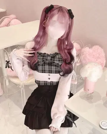 HONEY MEW 빅 리본 체크 레이스업 슬리브 앙상블 상의