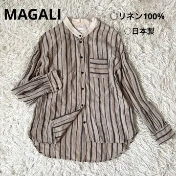 MAGALI 린넨 셔츠 스트라이프 린넨 100% 밴드 카라 베이지