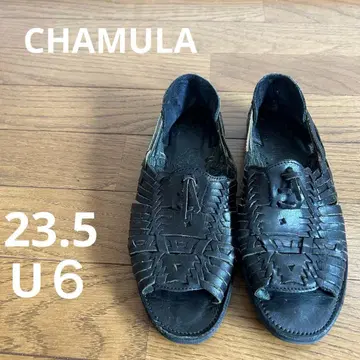 CHAMULA 천연 가죽 뜨개질 샌들 블랙 23.5 U6 참라