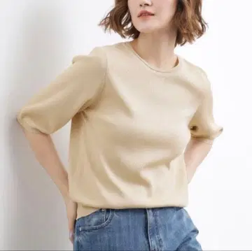 5부 소매 크루넥 니트 골드