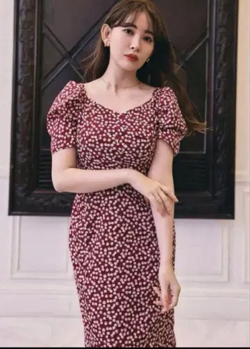 Her lip to 체리 드레스 퍼프 슬리브 롱 원피스 반팔 M