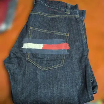 [ 레어 XL ] TOMMY 페인트 데님 청바지 스트릿 다크 네이비