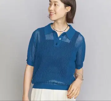 UNITED ARROWS 블루 반팔 니트 피케 셔츠 깔끔한