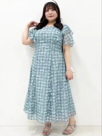 블루 계열 체크 무늬 반팔 롱 원피스 marun 5L