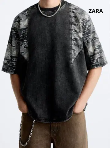 ZARA MENS 자라 남성용 일본풍 패턴 반팔 T셔츠 L