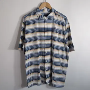 90's 빈티지 반팔 셔츠 보더 린넨 오픈 카라 아메카지