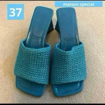 MAISON SPECIAL 37 블루 뜨개질 뮬 중간 힐