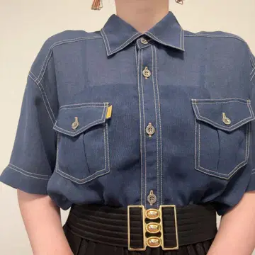 네이비 계열 데님풍 스티치 반팔 셔츠 시원한 비침 루즈핏