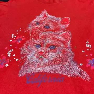 극레어 90s 빈티지 고양이 티셔츠 싱글 스티치 빨간색 아이묭