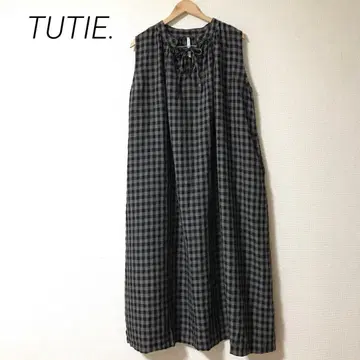 TUTIE. 츠치에 린넨 체크 무늬 롱 원피스