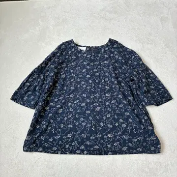사카이 도쿄코 네이비 나염 실크 코튼 꽃무늬 블라우스 7부 기장