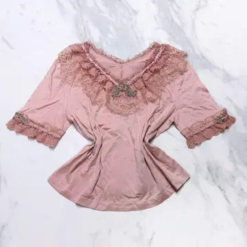 헷뽀코 선생님 핑크 프릴 티셔츠 레이스 빈티지 프릴 일본제