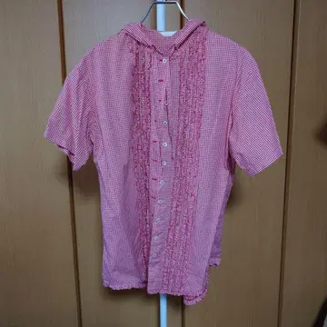 PINK HOUSE 깅엄 체크 후드 부착 반팔 셔츠