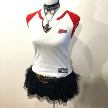 헤이세이 갸루 y2k PUMA 슬리브리스 비침 피치 T 자수 로고 V넥