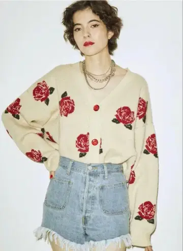 jouetie 장미 자수 크롭 가디건