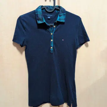 TOMMY HILFIGER 피케 셔츠 네이비 체크 무늬 XXS