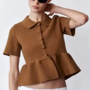 ZARA 페플럼 숏 슬리브 니트 자켓 브라운 M