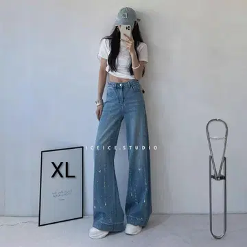 큐빅 데님 와이드 팬츠 배기 하이웨스트 여성용 XL