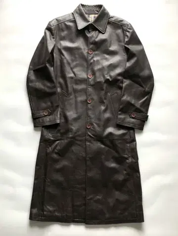빈티지 가죽 롱 코트 다크 브라운 스탠 칼라 M 체크