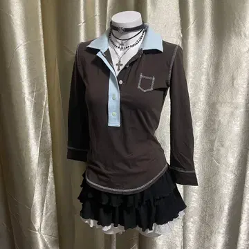 카라 부착 티셔츠 하프 버튼 헤이세이 갸루 y2k 일본제