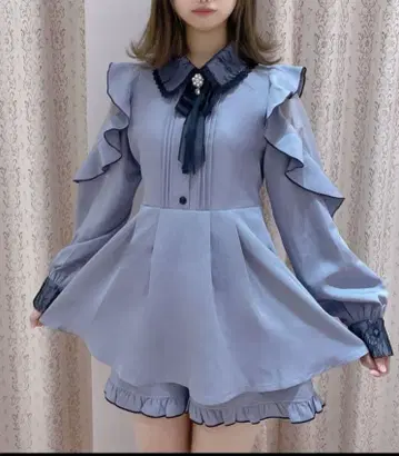 ROJITA 배색 레이스 시어 절개 셋업 퍼플 양산형 지뢰계