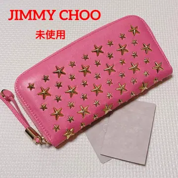 미사용 JIMMY CHOO 가죽 라운드 지퍼 장지갑 핑크 스터드