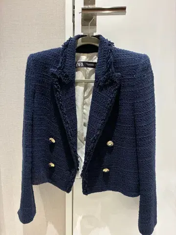 ZARA 트위드 자켓 네이비 골드 버튼