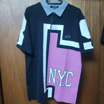 TOMMY NYC BIG 로고 반팔 피케 셔츠 블랙 핑크 XL