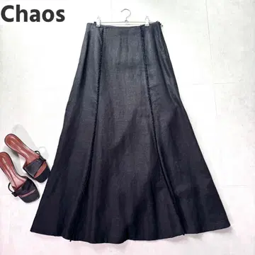 chaos 롱 스커트 플레어 린넨 프린지 블랙