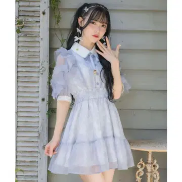 ROJITA 꽃무늬 반팔 미니 원피스 스카이블루 블루