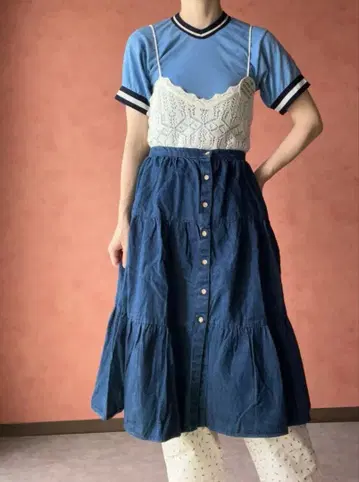 70s 빈티지 데님 티어드 스커트 중고 벤트