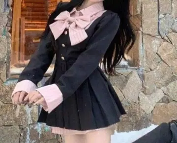 노브랜드 리본 포함 긴팔 플리츠 원피스 블랙 핑크