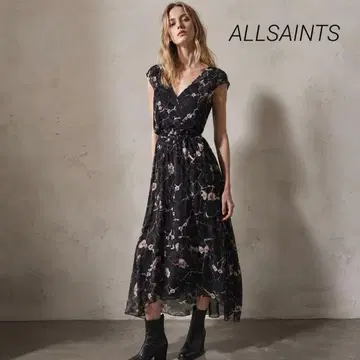 ALLSAINTS 롱 원피스 꽃무늬 V넥 모노톤 엘레강스