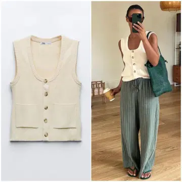 ZARA 슬리브리스 니트 베스트 상의 XS 에크루