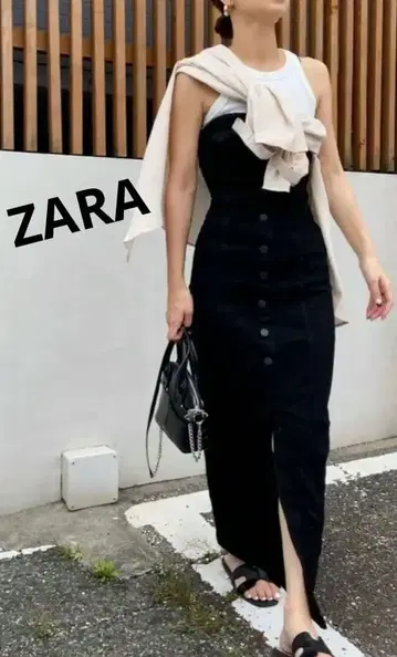 ZARA 스트레치 데님 베어탑 원피스 블랙 L 사이즈