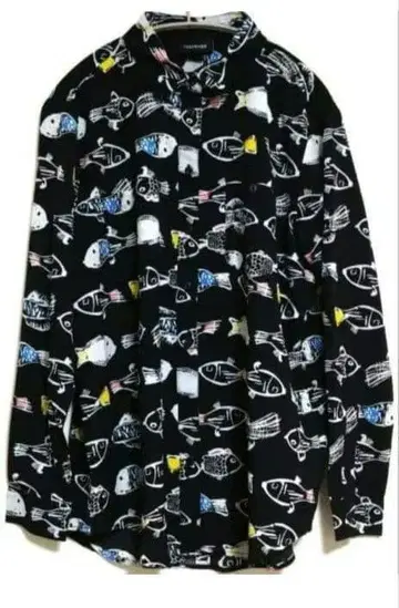 멜란쥬 물고기 패턴 셔츠 긴팔 빅 블랙