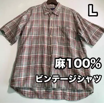 St.Andrews 린넨 100% 린넨 셔츠 반팔 셔츠 체크 셔츠 L
