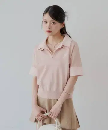 Chico 자수 장식 카라 부착 폴로 니트 핑크