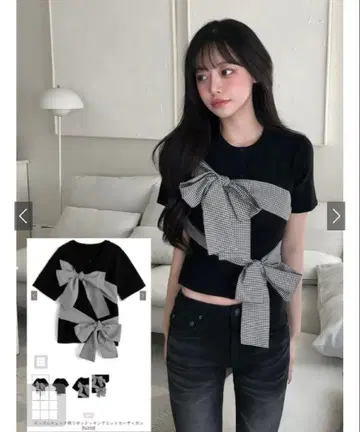 깅엄 체크 패턴 리본 도킹 니트 가디건[fu350]