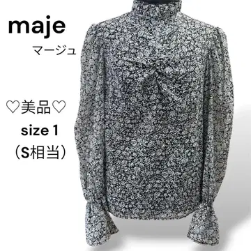 maje [ 당일 발송 ] 마쥬 시스루 꽃무늬 블라우스 백 버튼 프릴 옷깃 긴팔 S