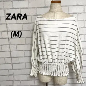 ZARA 자라 보더 무늬 셔링 블라우스 볼륨 소매 와이드 실루엣
