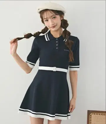 REDYAZEL 바이컬러 폴로 니트 미니 원피스 네이비