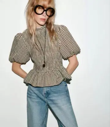 ZARA 깅엄 체크 패턴 스모킹 가공 상의 L