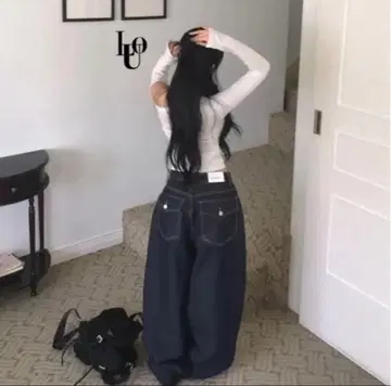 와이드 데님 팬츠 다크 블루 LOOKsU