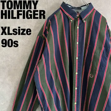 90s 타미힐피거 XL 긴팔 셔츠 스트라이프 그린 네이비 자수 로고 올드
